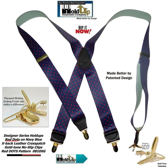 Holdup Brand Dark Blue with Red Dot Pattern X-back Suspenders USA Patented No-slip Clips