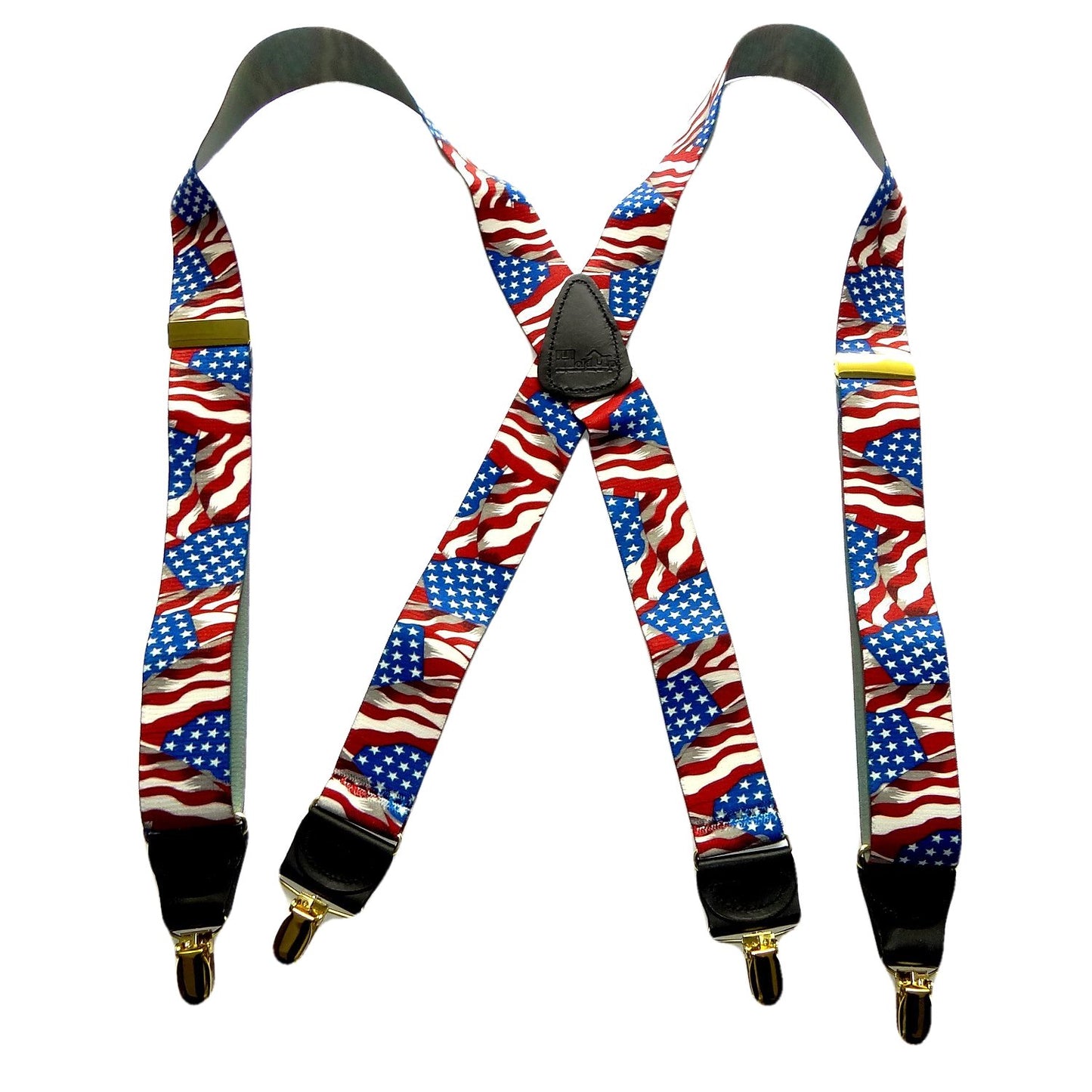 Holdup Brand America Flag Pattern Designer series X-back Suspenders with USA Patented No-slip Silver Clips