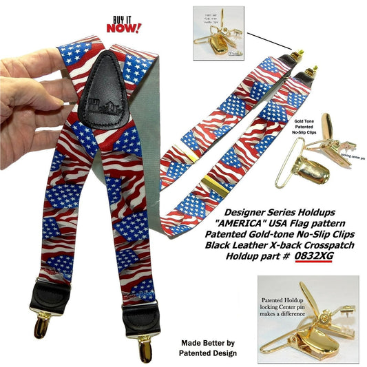 Holdup Brand America Flag Pattern Designer series X-back Suspenders with USA Patented No-slip Silver Clips