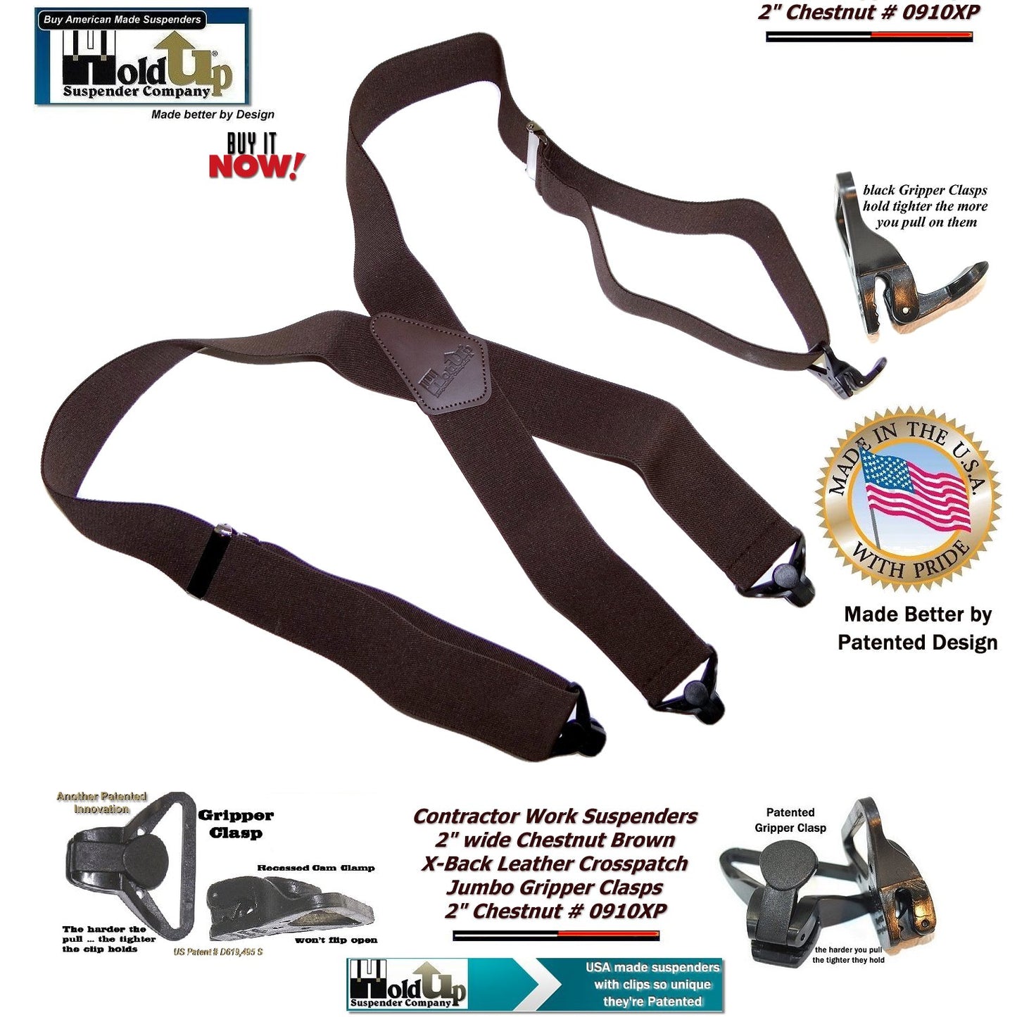 Holdup Heavy Duty Chestnut Brown Work Suspenders with black Patented Gripper Clasps