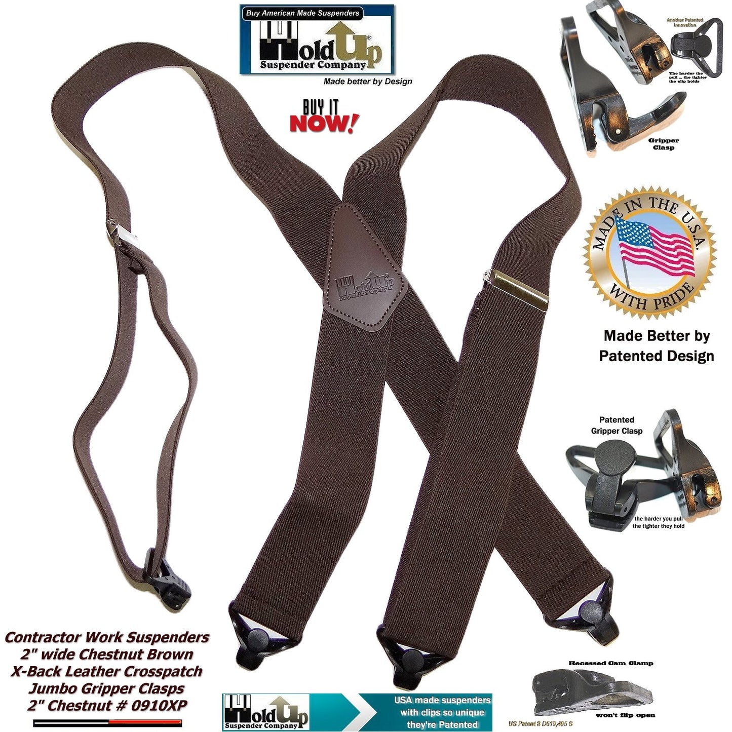 Holdup Heavy Duty Chestnut Brown Work Suspenders with black Patented Gripper Clasps