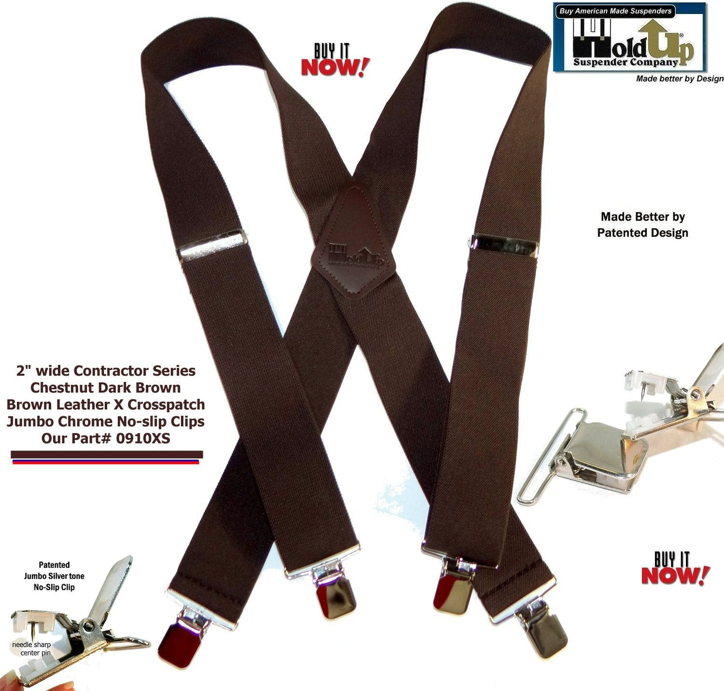 Holdup Heavy Duty Chestnut Brown Work Suspenders with USA patented Jumbo Silver No-slip Clips