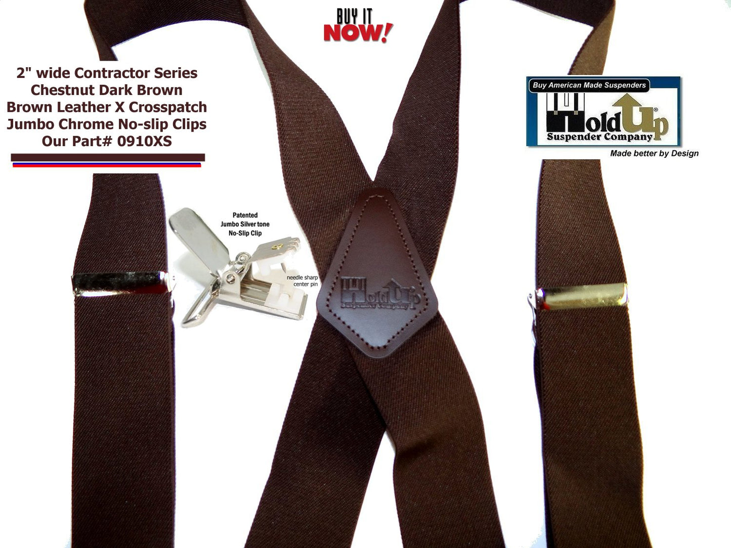 Holdup Heavy Duty Chestnut Brown Work Suspenders with USA patented Jumbo Silver No-slip Clips