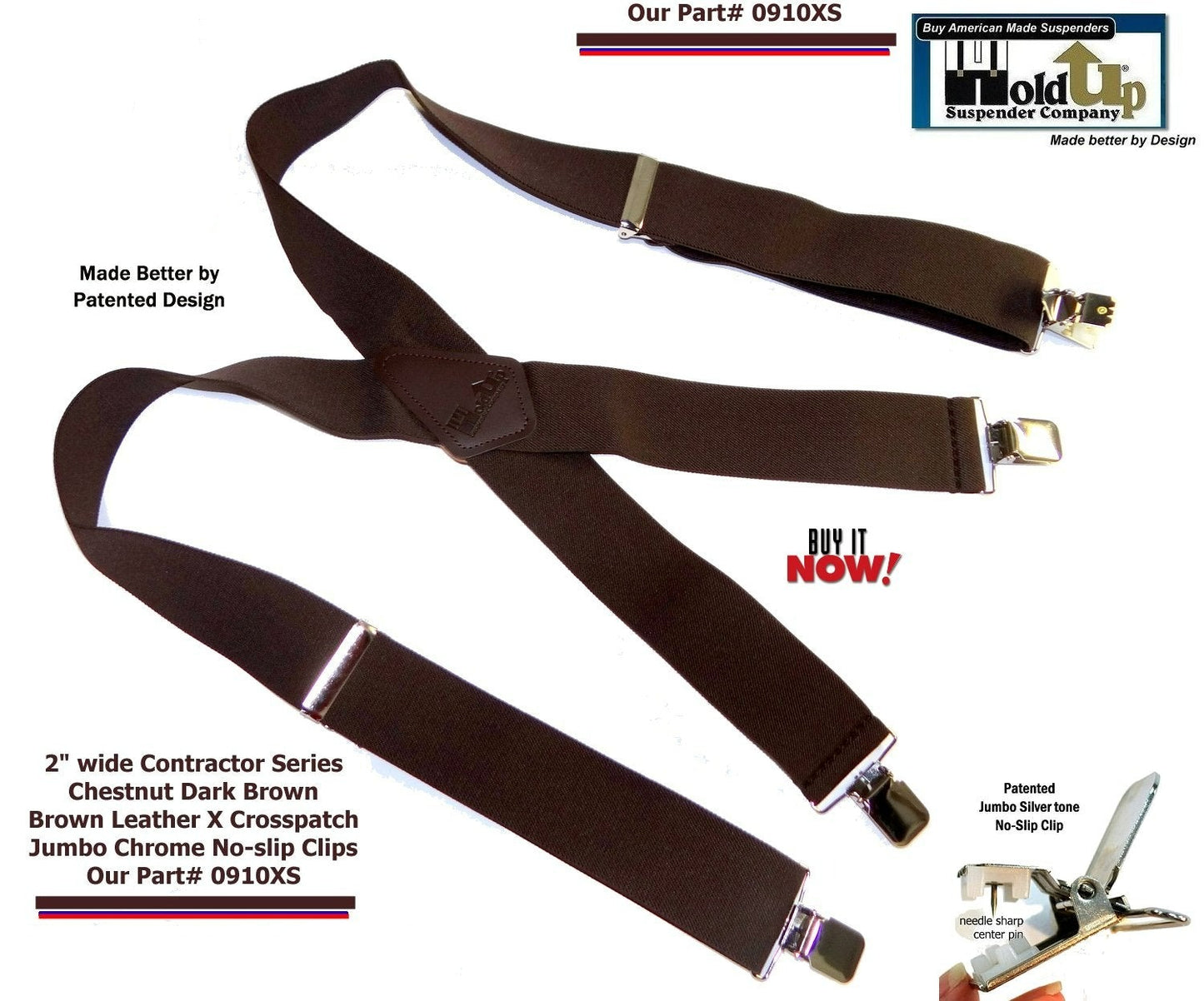 Holdup Heavy Duty Chestnut Brown Work Suspenders with USA patented Jumbo Silver No-slip Clips