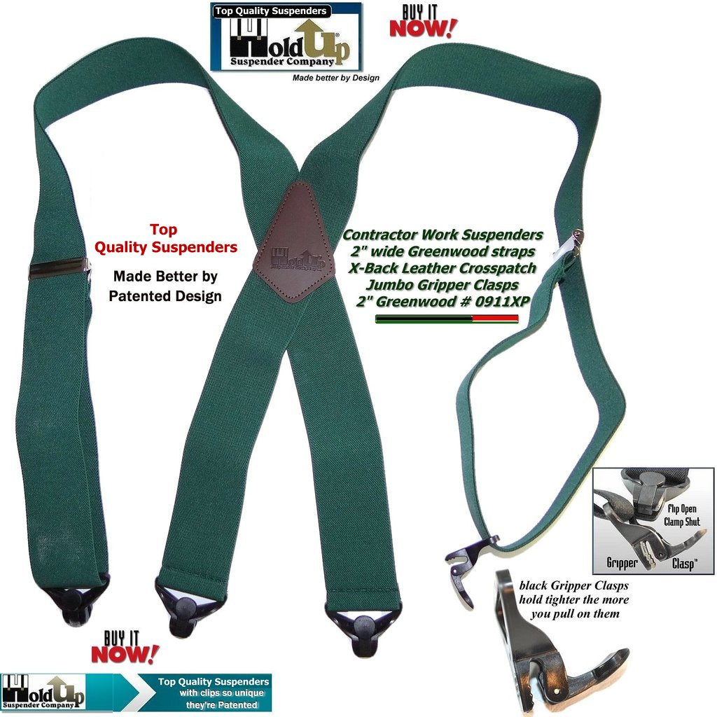 Holdup Brand Heavy Duty Greenwood Work Suspenders with USA patented Gripper Clasps