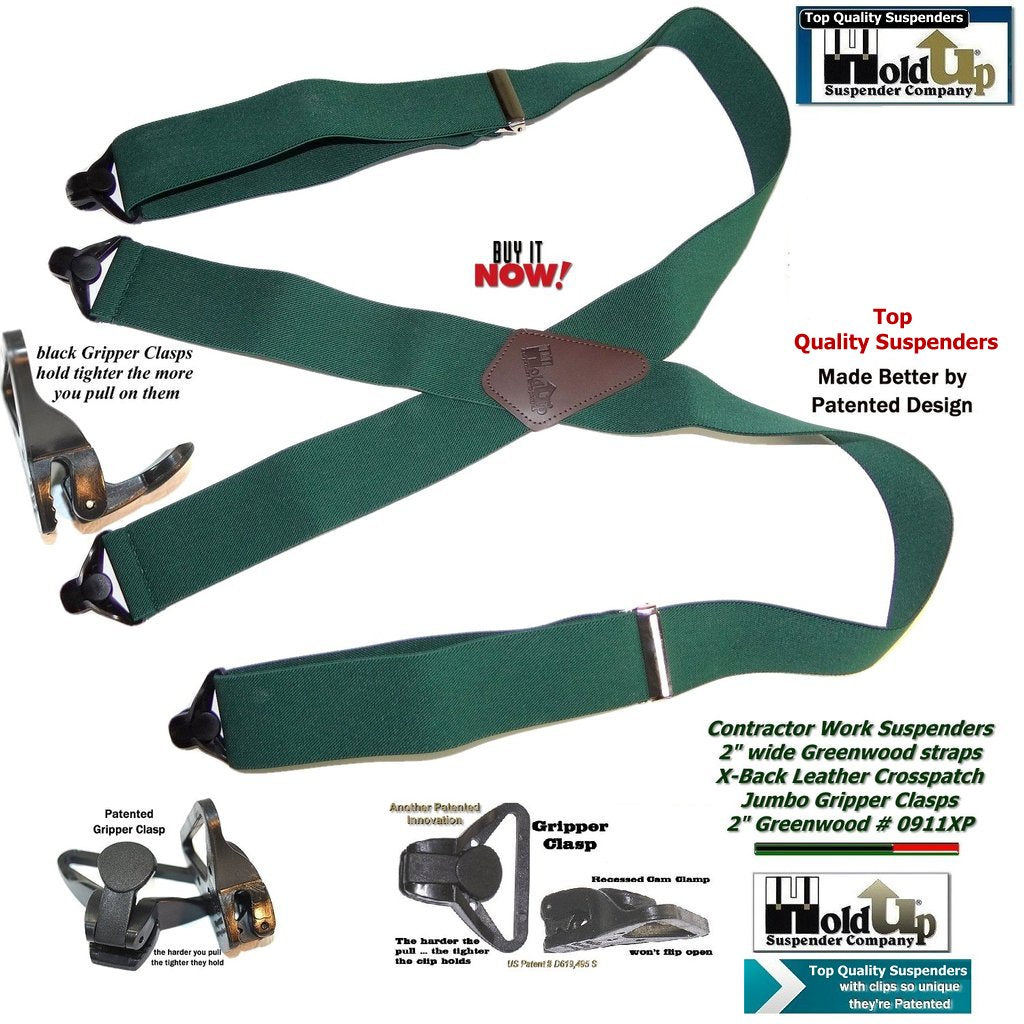 Holdup Brand Heavy Duty Greenwood Work Suspenders with USA patented Gripper Clasps