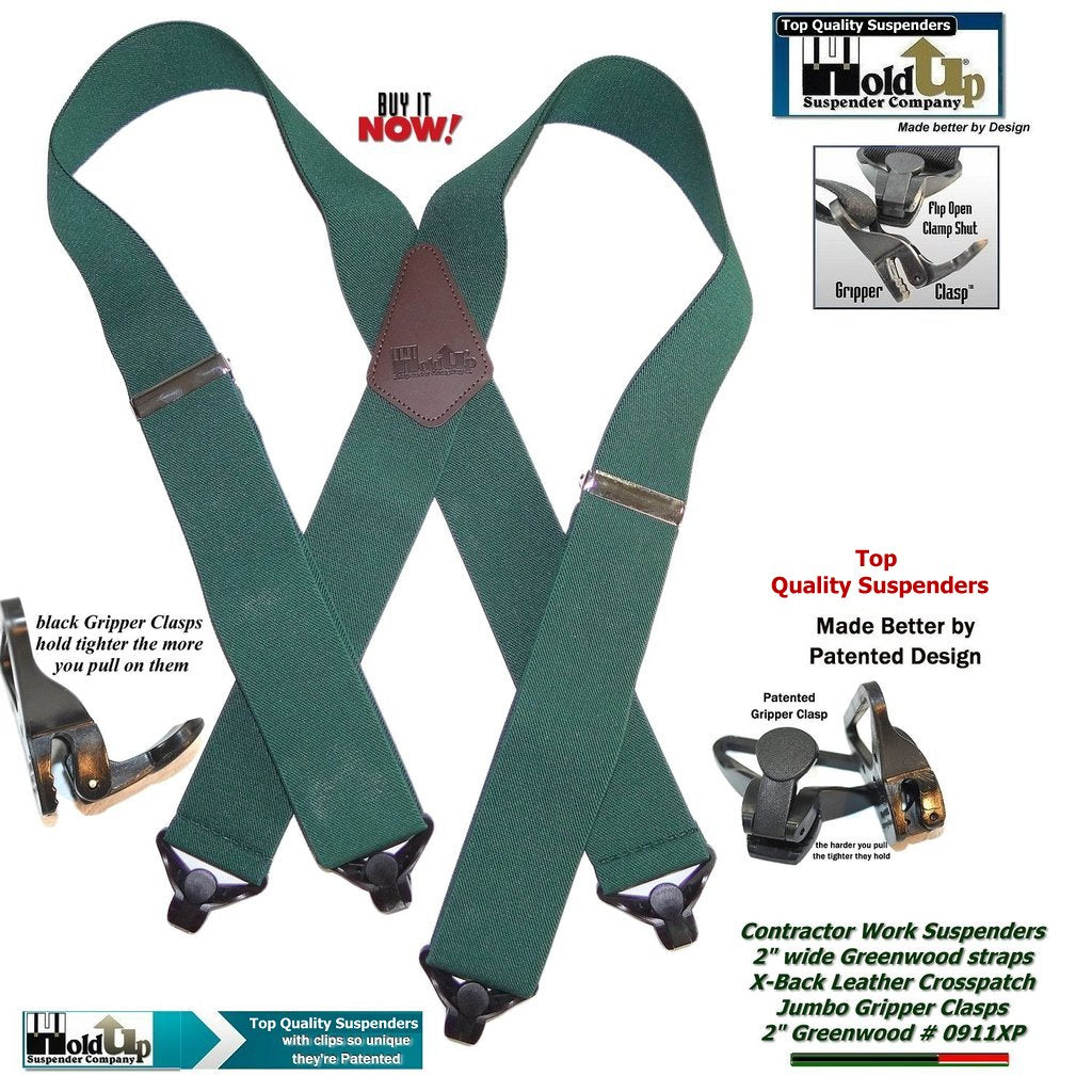 Holdup Brand Heavy Duty Greenwood Work Suspenders with USA patented Gripper Clasps