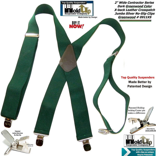 Holdup Brand Heavy Duty Dark Green X-back Work Suspenders with USA patented Jumbo No-Slips Clips