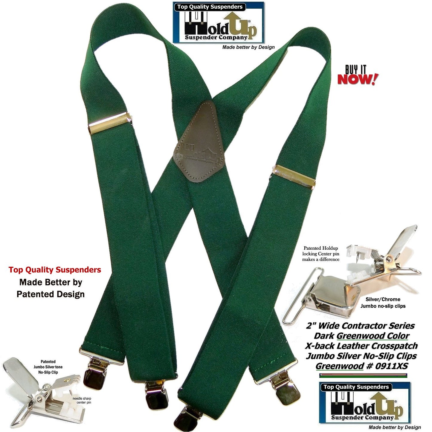 Holdup Brand Heavy Duty Dark Green X-back Work Suspenders with USA patented Jumbo No-Slips Clips