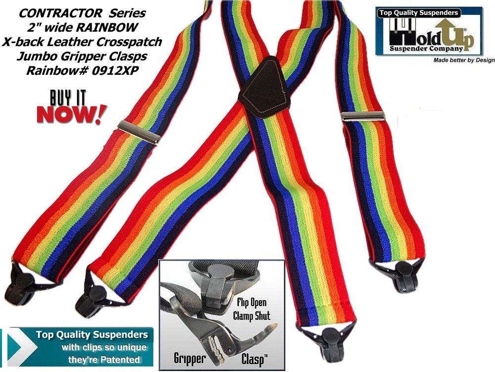 Holdup Brand Wide Rainbow Of Color X-back Suspenders With USA Patented Gripper Clasps