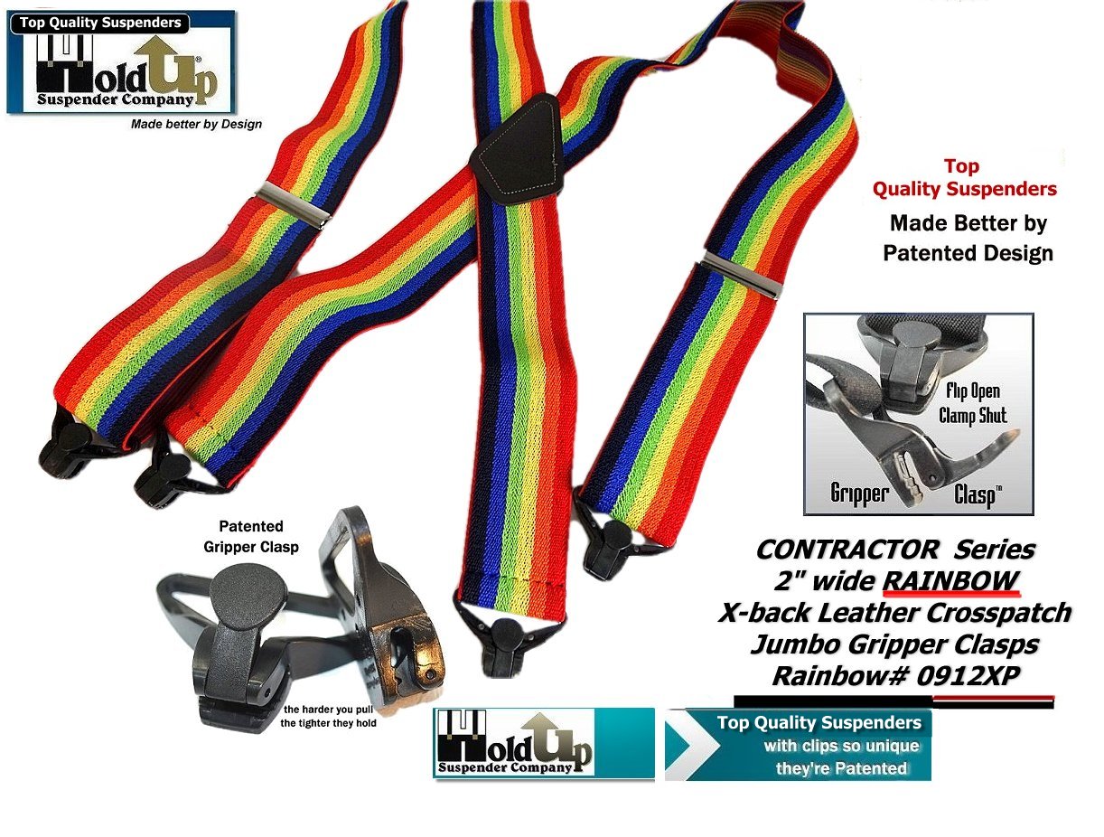 Holdup Brand Wide Rainbow Of Color X-back Suspenders With USA Patented Gripper Clasps