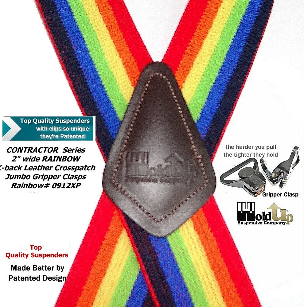 Holdup Brand Wide Rainbow Of Color X-back Suspenders With USA Patented Gripper Clasps