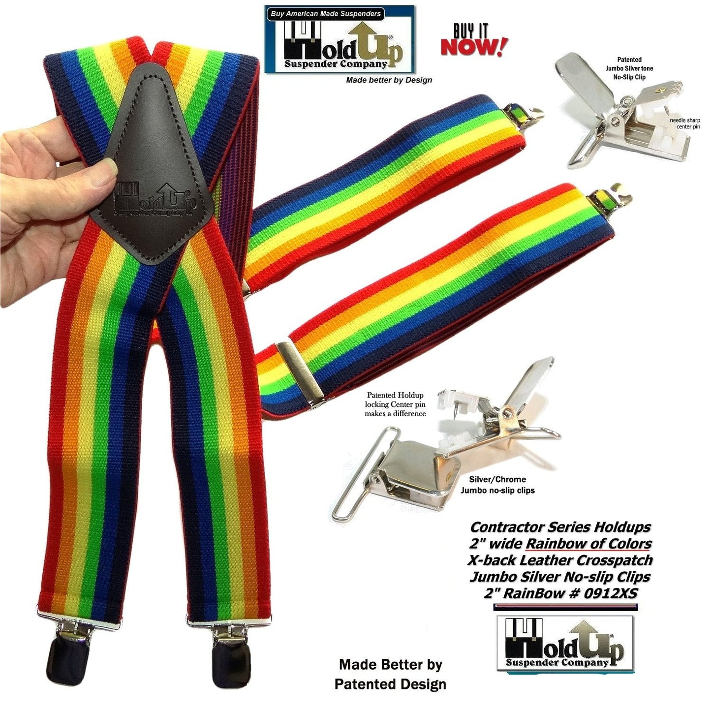 Holdup Rainbow of Colors wide work X-back Suspenders with USA Patented jumbo no-slip clips