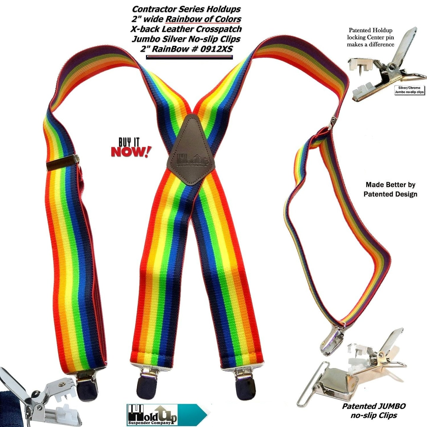 Holdup Rainbow of Colors wide work X-back Suspenders with USA Patented jumbo no-slip clips