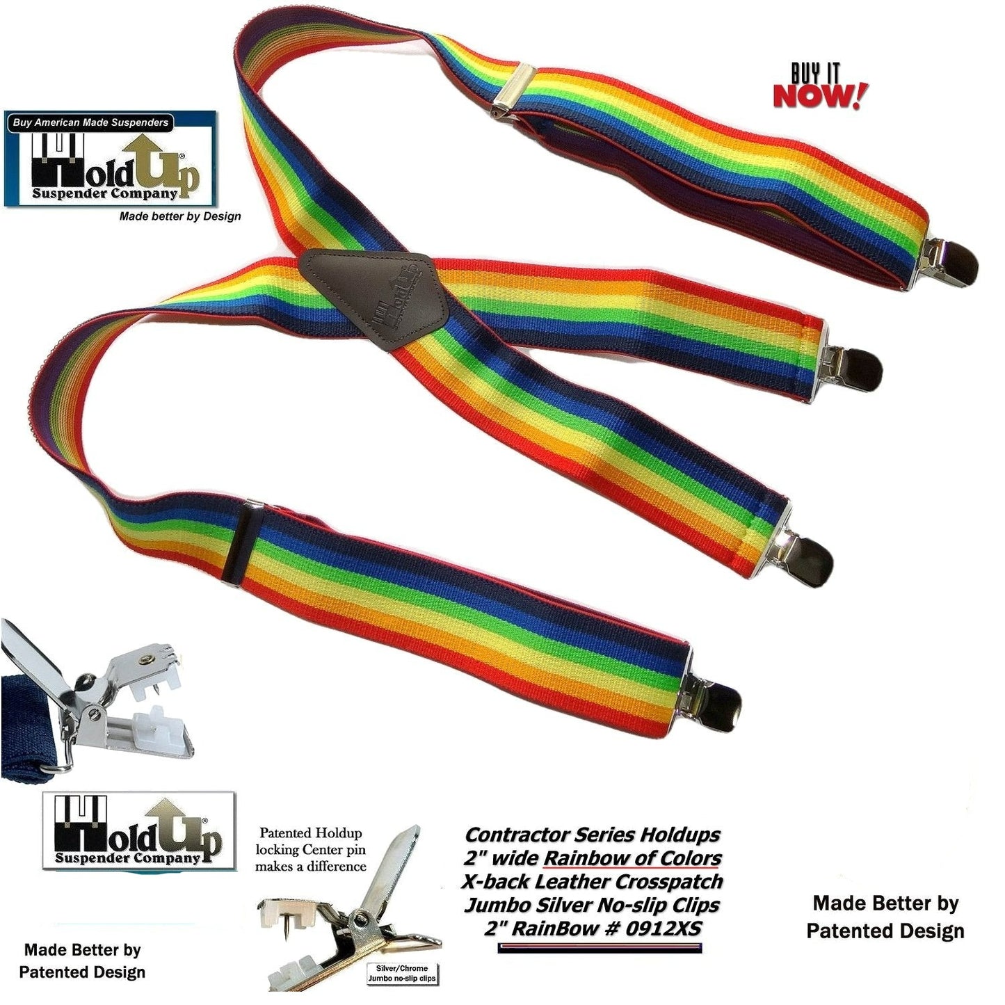 Holdup Rainbow of Colors wide work X-back Suspenders with USA Patented jumbo no-slip clips