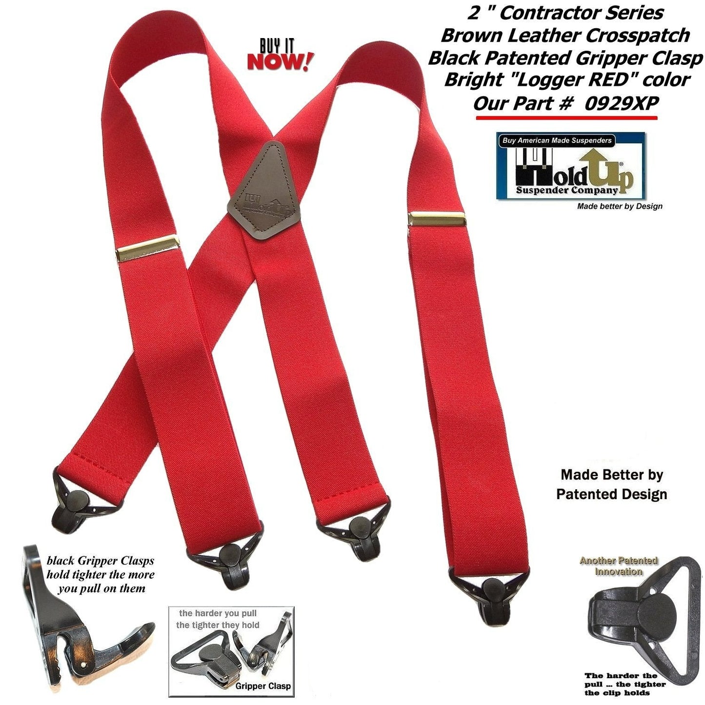 Holdup Heavy Duty Logger RED 2" Wide X-back Work Suspenders with USA Patented Gripper Clasps