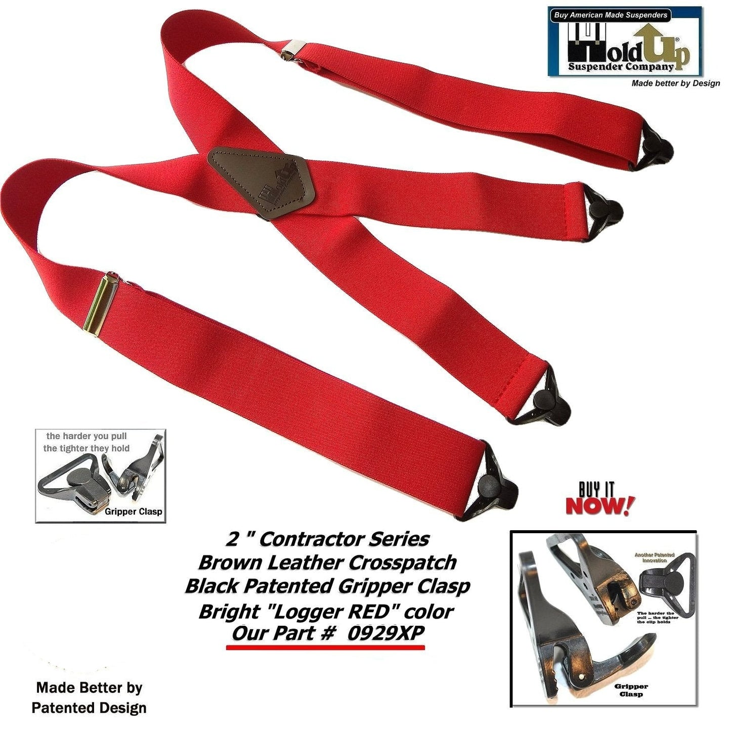 Holdup Heavy Duty Logger RED 2" Wide X-back Work Suspenders with USA Patented Gripper Clasps