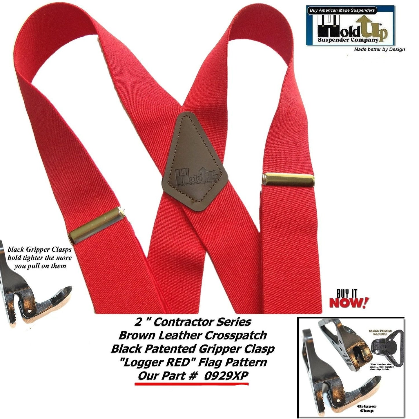 Holdup Heavy Duty Logger RED 2" Wide X-back Work Suspenders with USA Patented Gripper Clasps