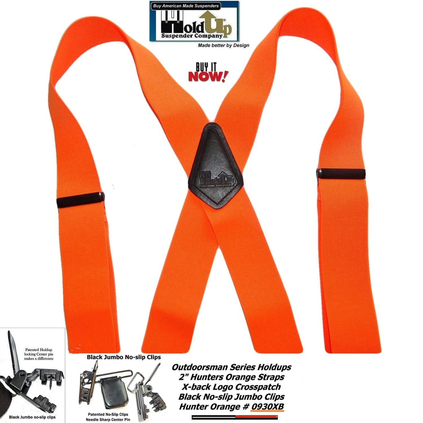 Holdup Suspender Company's Hunter Orange 2" wide Outdoorsman Suspenders in X back style with Jumbo No-slip Clips