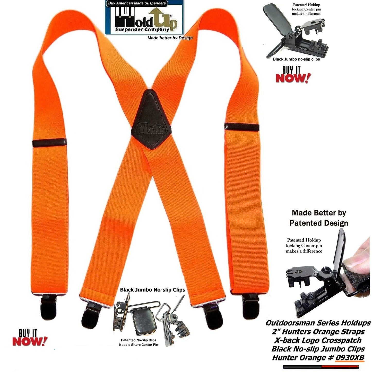 Holdup Suspender Company's Hunter Orange 2" wide Outdoorsman Suspenders in X back style with Jumbo No-slip Clips