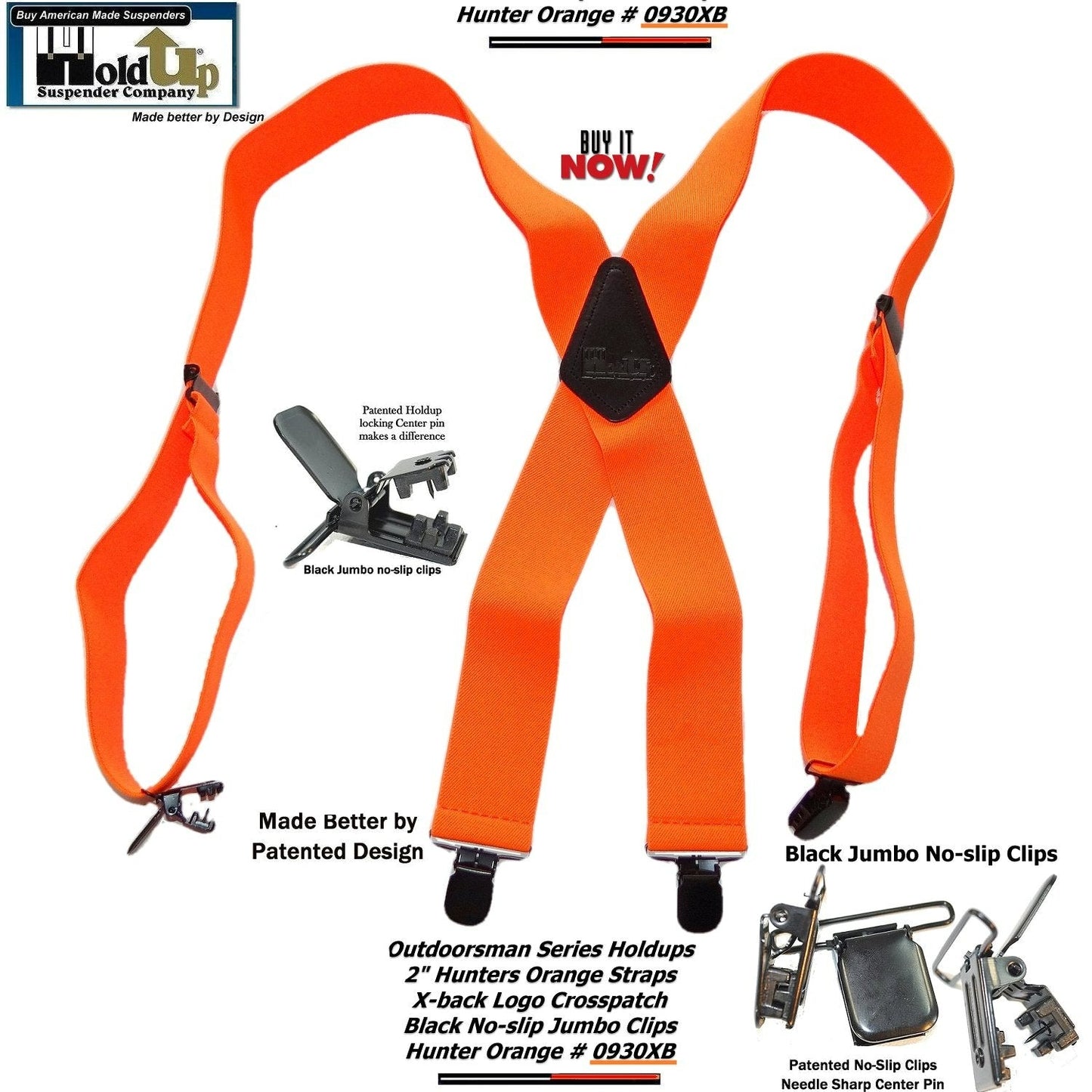 Holdup Suspender Company's Hunter Orange 2" wide Outdoorsman Suspenders in X back style with Jumbo No-slip Clips