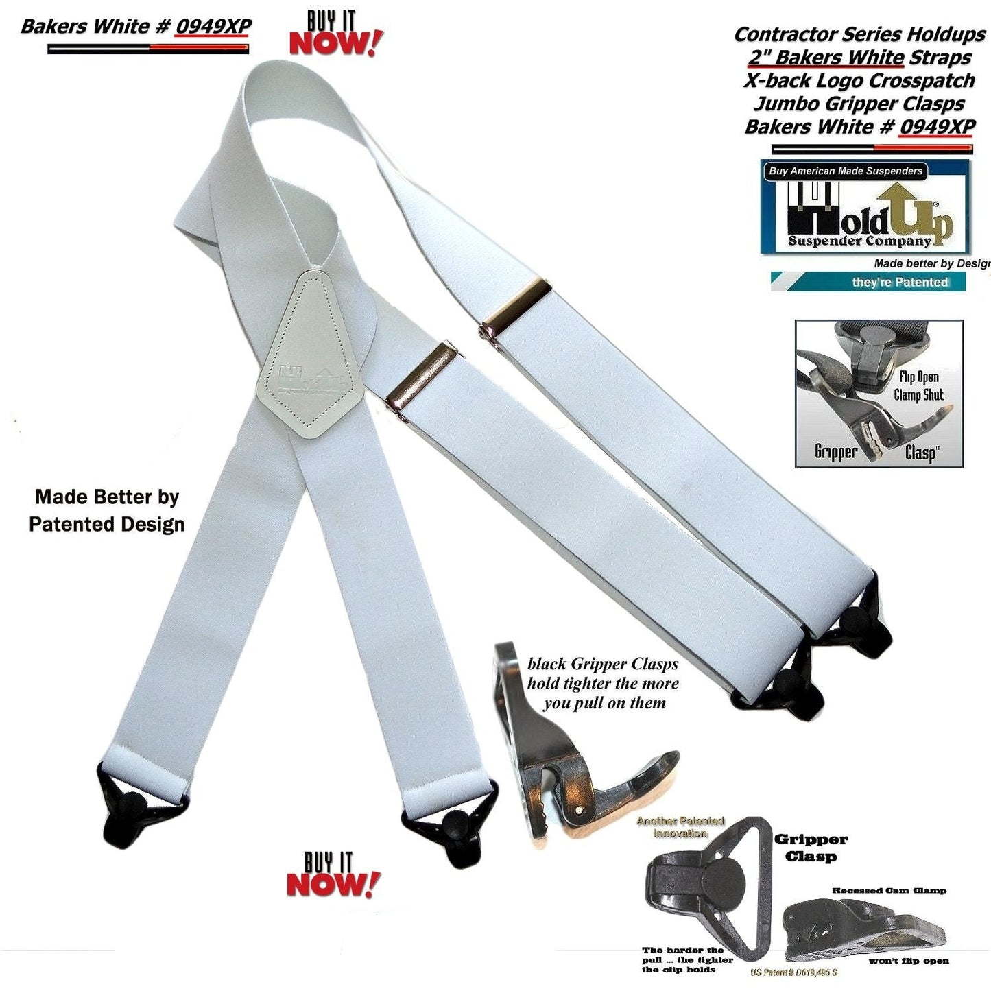 Holdup Suspender Contractor Series Bakers White 2" Wide Work Suspenders in X-back style with USA Patented Jumbo Gripper Clasps