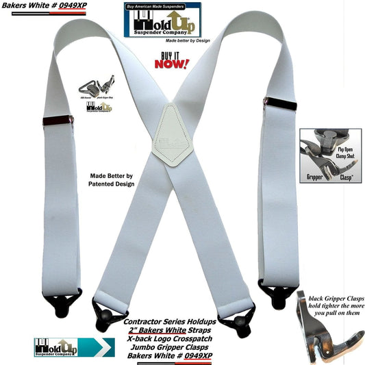 Holdup Suspender Contractor Series Bakers White 2" Wide Work Suspenders in X-back style with USA Patented Jumbo Gripper Clasps