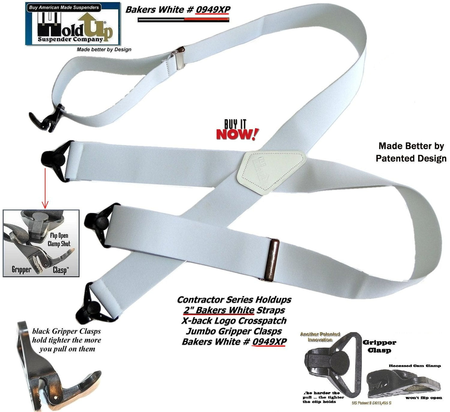 Holdup Suspender Contractor Series Bakers White 2" Wide Work Suspenders in X-back style with USA Patented Jumbo Gripper Clasps