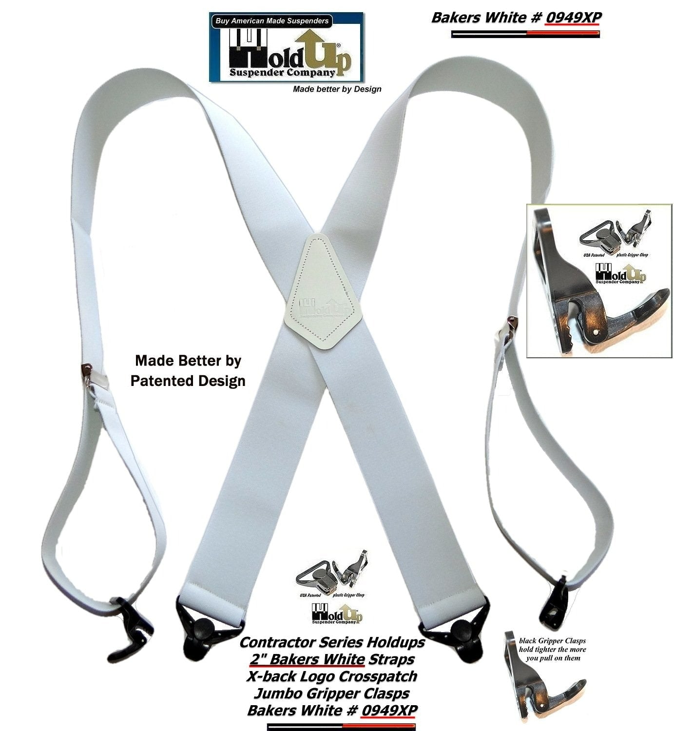 Holdup Suspender Contractor Series Bakers White 2" Wide Work Suspenders in X-back style with USA Patented Jumbo Gripper Clasps