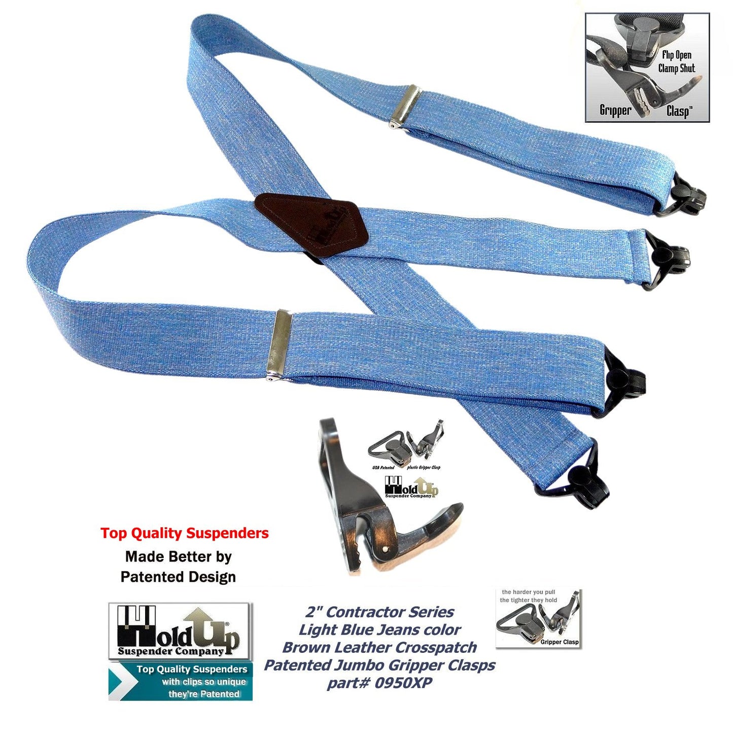 Holdup Brand Heavy Duty Blue Denim 2" Wide Work X-back Suspenders with strong USA Patented Jumbo Gripper Clasps