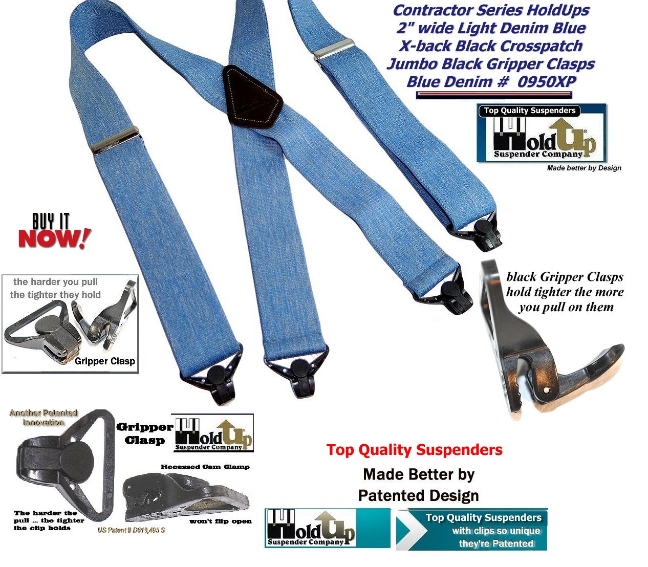 Holdup Brand Heavy Duty Blue Denim 2" Wide Work X-back Suspenders with strong USA Patented Jumbo Gripper Clasps