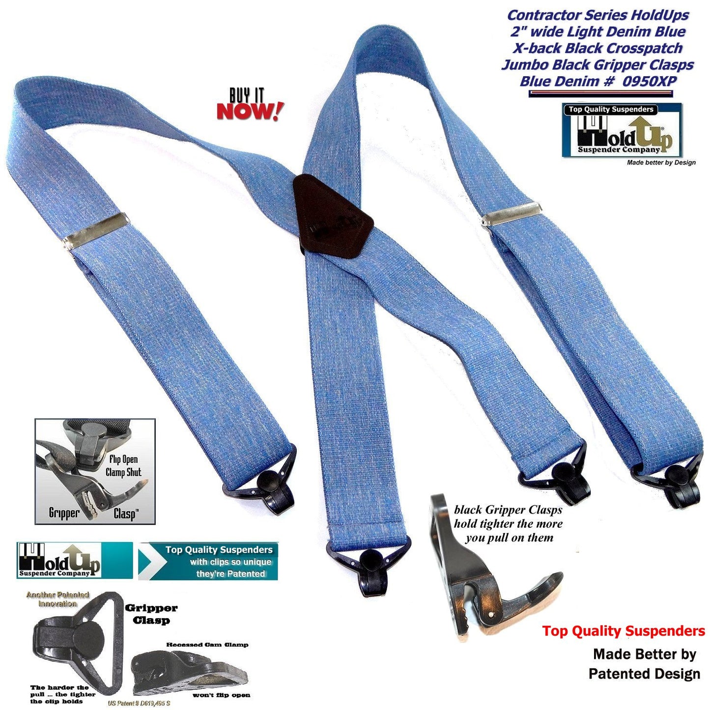 Holdup Brand Heavy Duty Blue Denim 2" Wide Work X-back Suspenders with strong USA Patented Jumbo Gripper Clasps