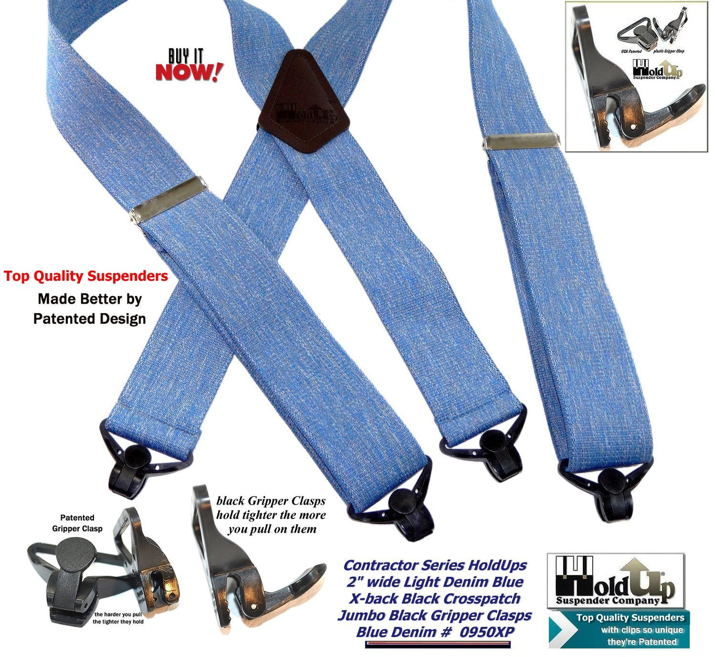 Holdup Brand Heavy Duty Blue Denim 2" Wide Work X-back Suspenders with strong USA Patented Jumbo Gripper Clasps