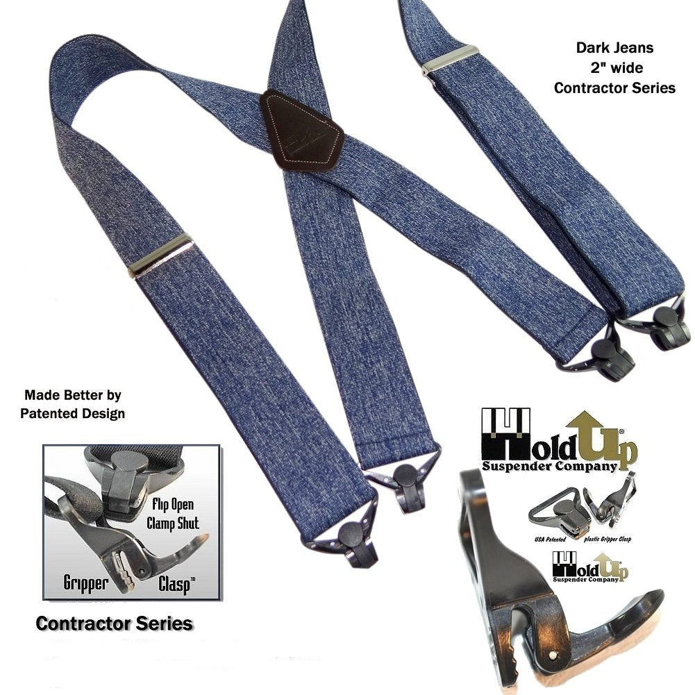 Holdup Brand Heavy Duty Dark Denim Work Suspenders with jumbo USA Patented Gripper Clasps