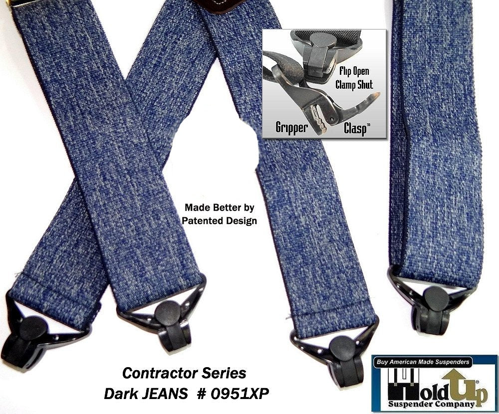 Holdup Brand Heavy Duty Dark Denim Work Suspenders with jumbo USA Patented Gripper Clasps