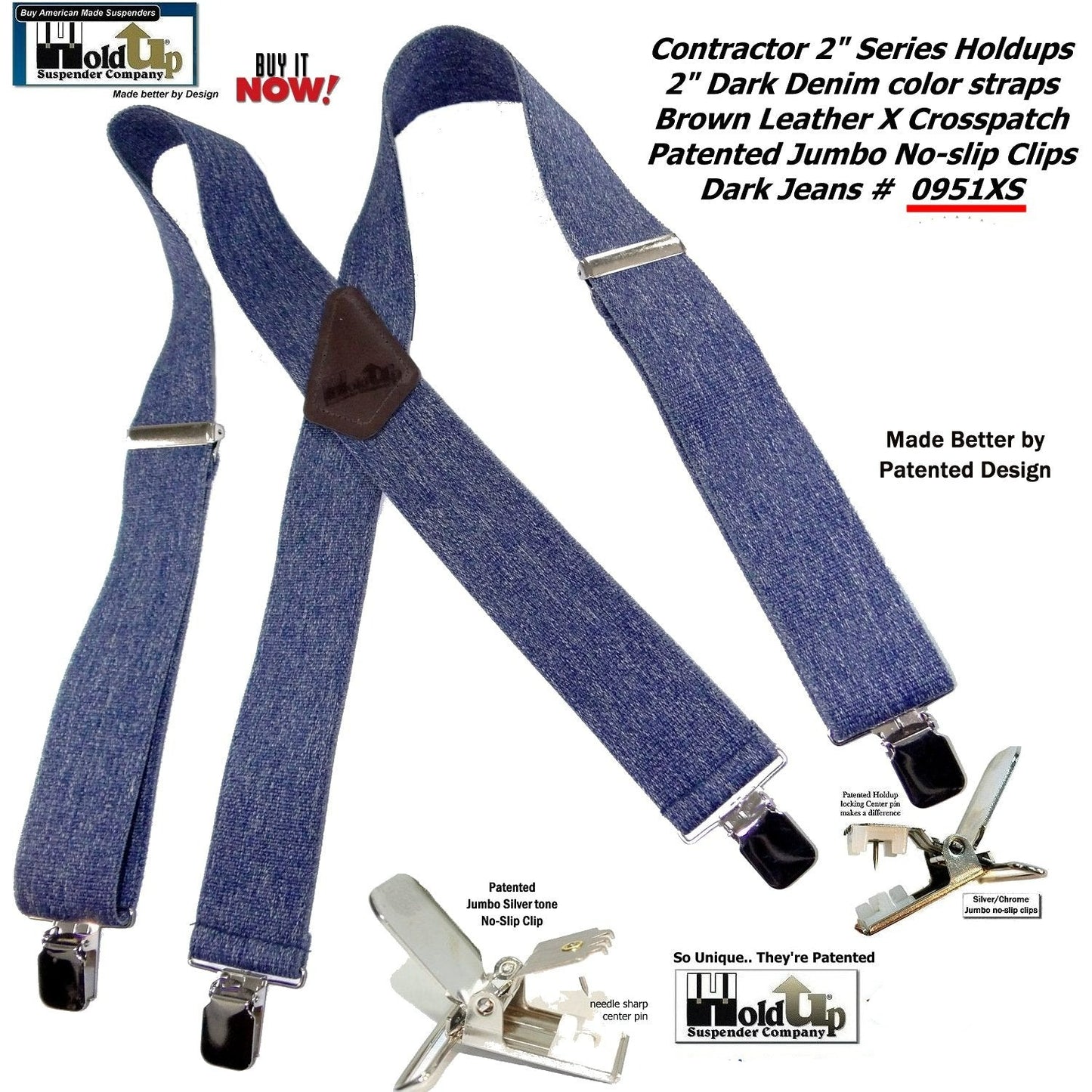 Holdup Brand Heavy Duty Dark Denim Work Suspenders with USA Patented Silver Tone no-slip clips