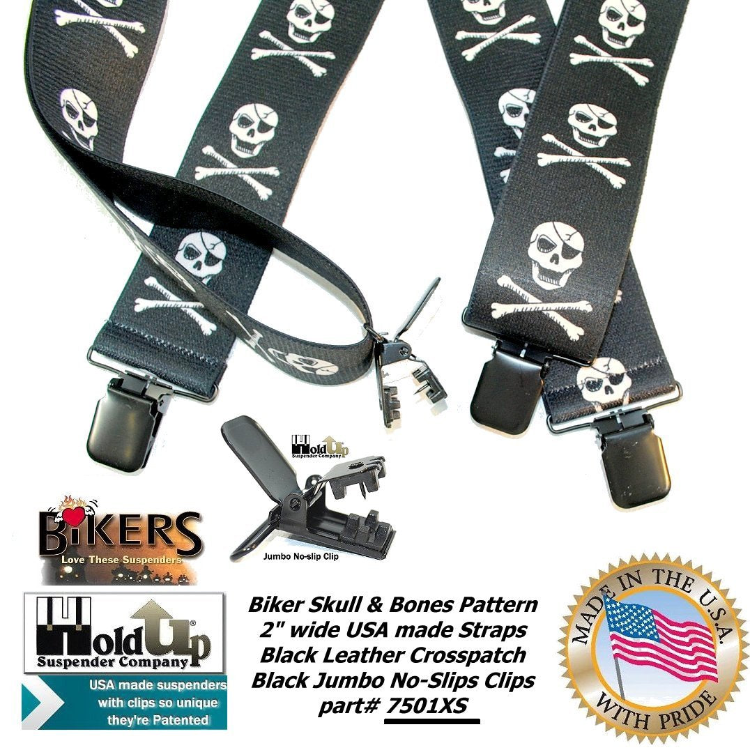 Holdup Brand USA made 2" wide Biker Skull & Crossbones pattern X-back suspenders with Jumbo no-slip clips