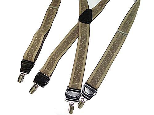 Holdup Brand Taupe Jacquard  weave1 1/2" wide Suspenders in X-back style and USA patented No-slip Nickel Clips