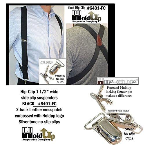 Holdup Brand Black Trucker Style Hip-clip X-back Suspenders with silver No-Slip Clips