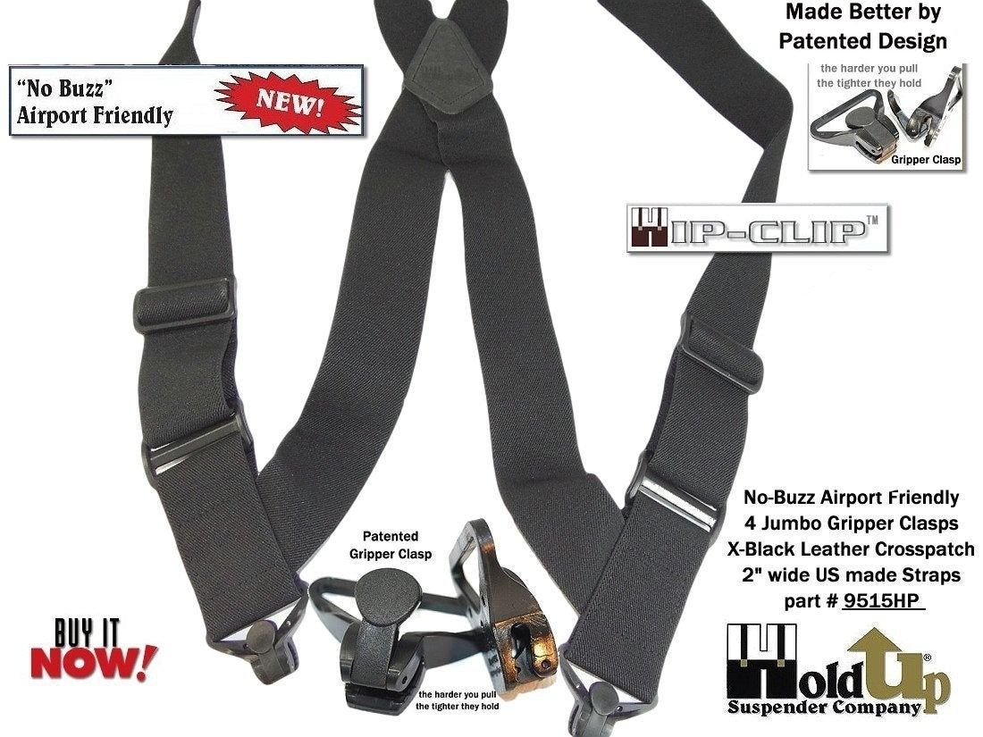 Holdup Hip-Clip Style No-Buzz Airport Friendly Black 2" wide Suspender