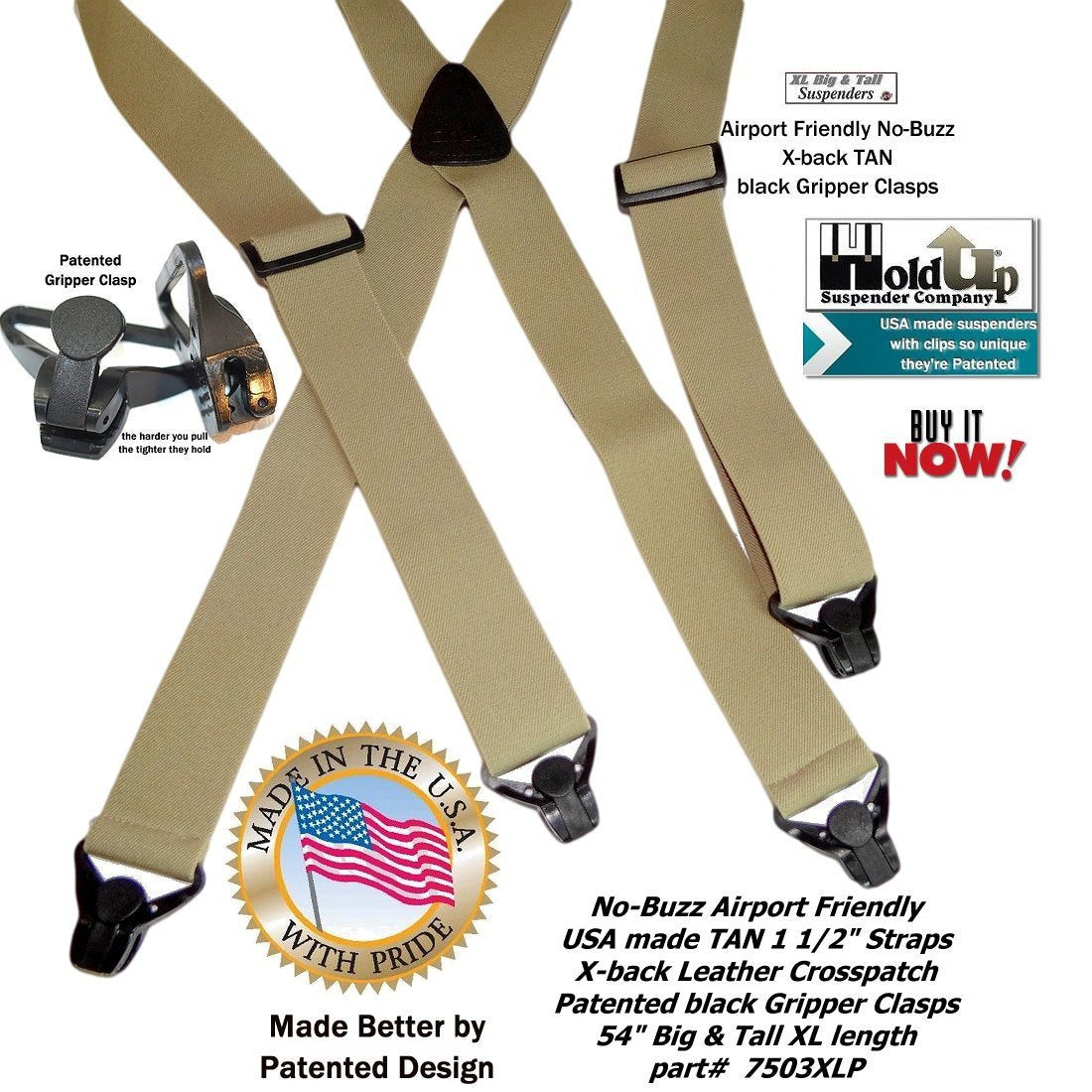 HoldUp Big and Tall XL No-buzz Airport Friendly TAN Suspenders with Patented Gripper Clasps