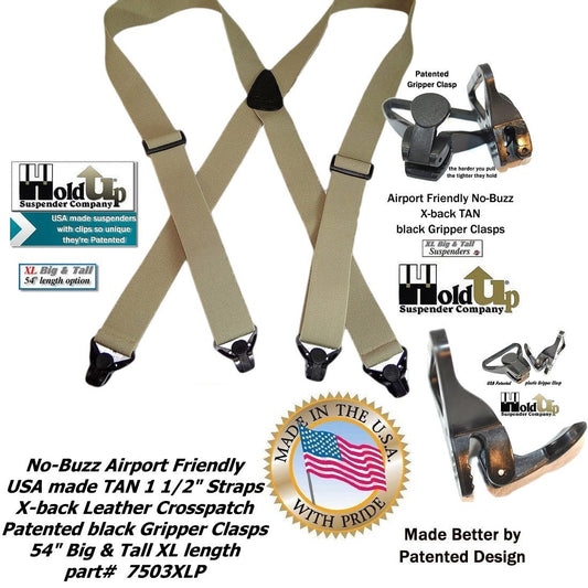 HoldUp Big and Tall XL No-buzz Airport Friendly TAN Suspenders with Patented Gripper Clasps