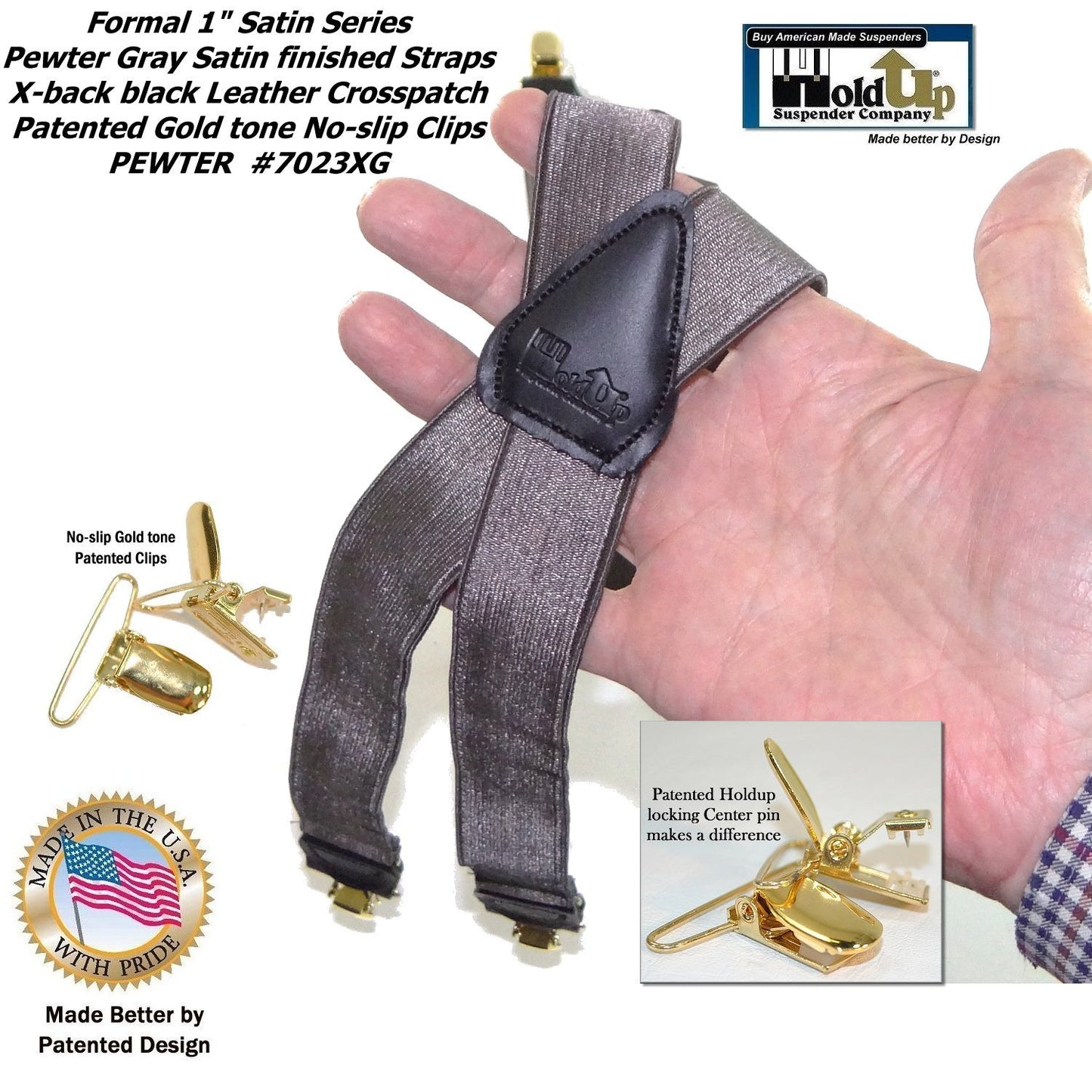 Holdup Brand Pewter Grey Satin Finished Formal Series 1" wide Suspenders X-back Gold clips