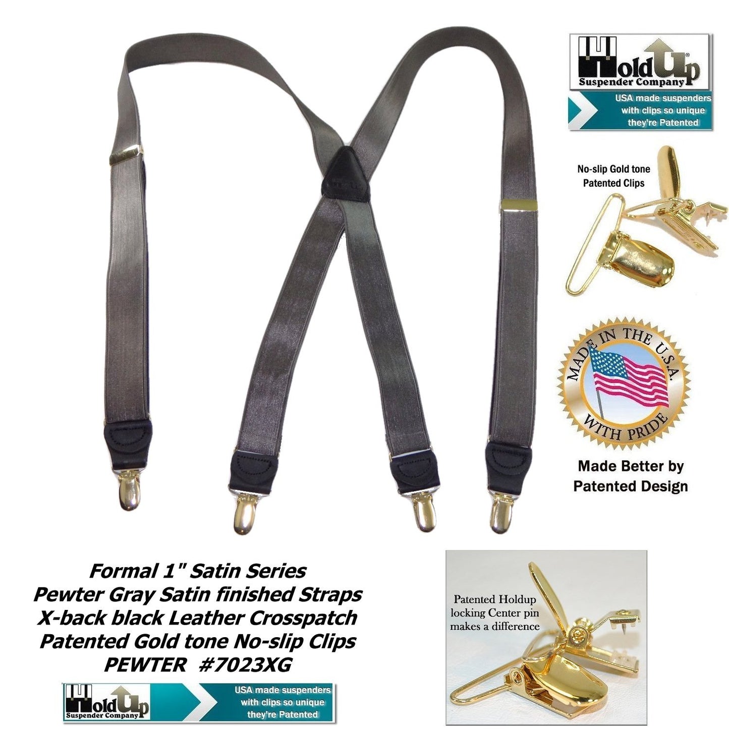 Holdup Brand Pewter Grey Satin Finished Formal Series 1" wide Suspenders X-back Gold clips