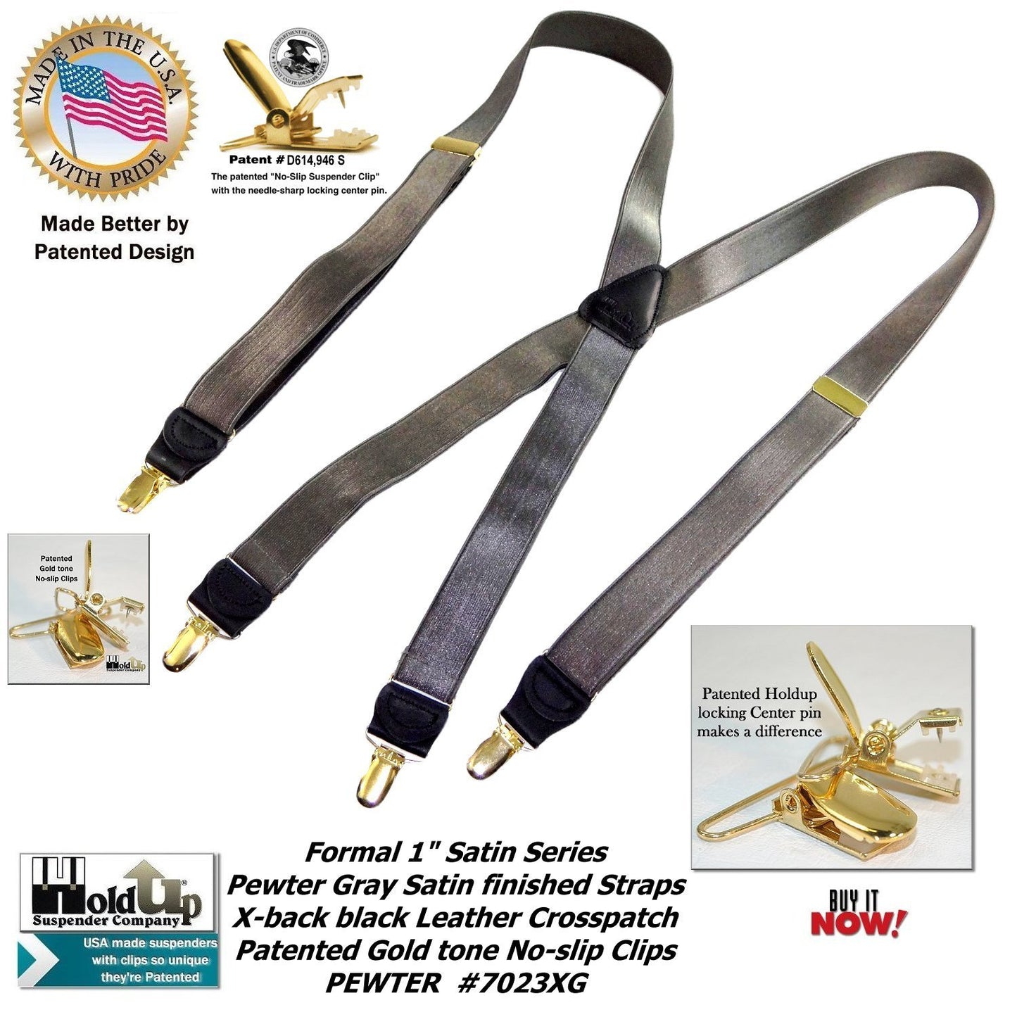 Holdup Brand Pewter Grey Satin Finished Formal Series 1" wide Suspenders X-back Gold clips