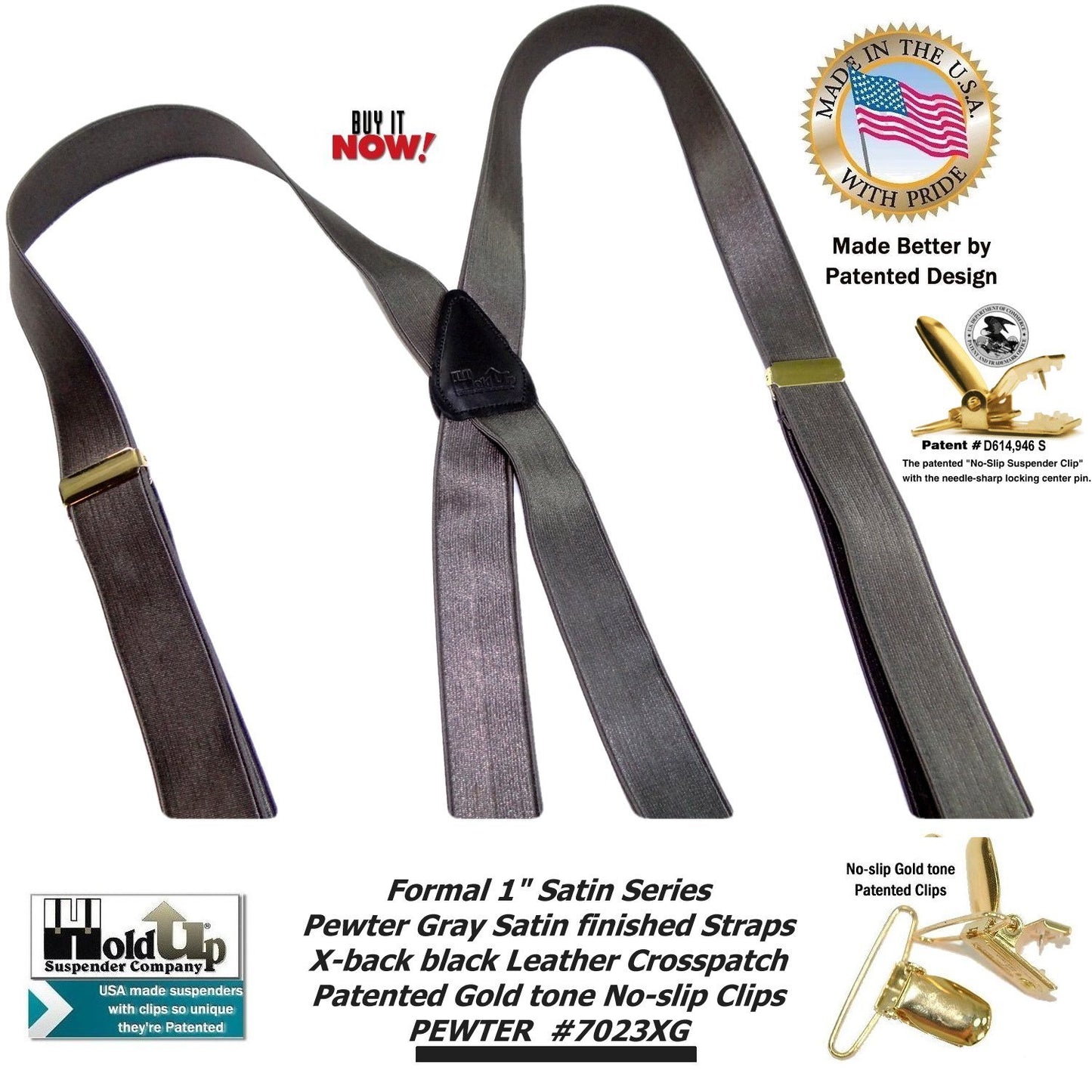 Holdup Brand Pewter Grey Satin Finished Formal Series 1" wide Suspenders X-back Gold clips