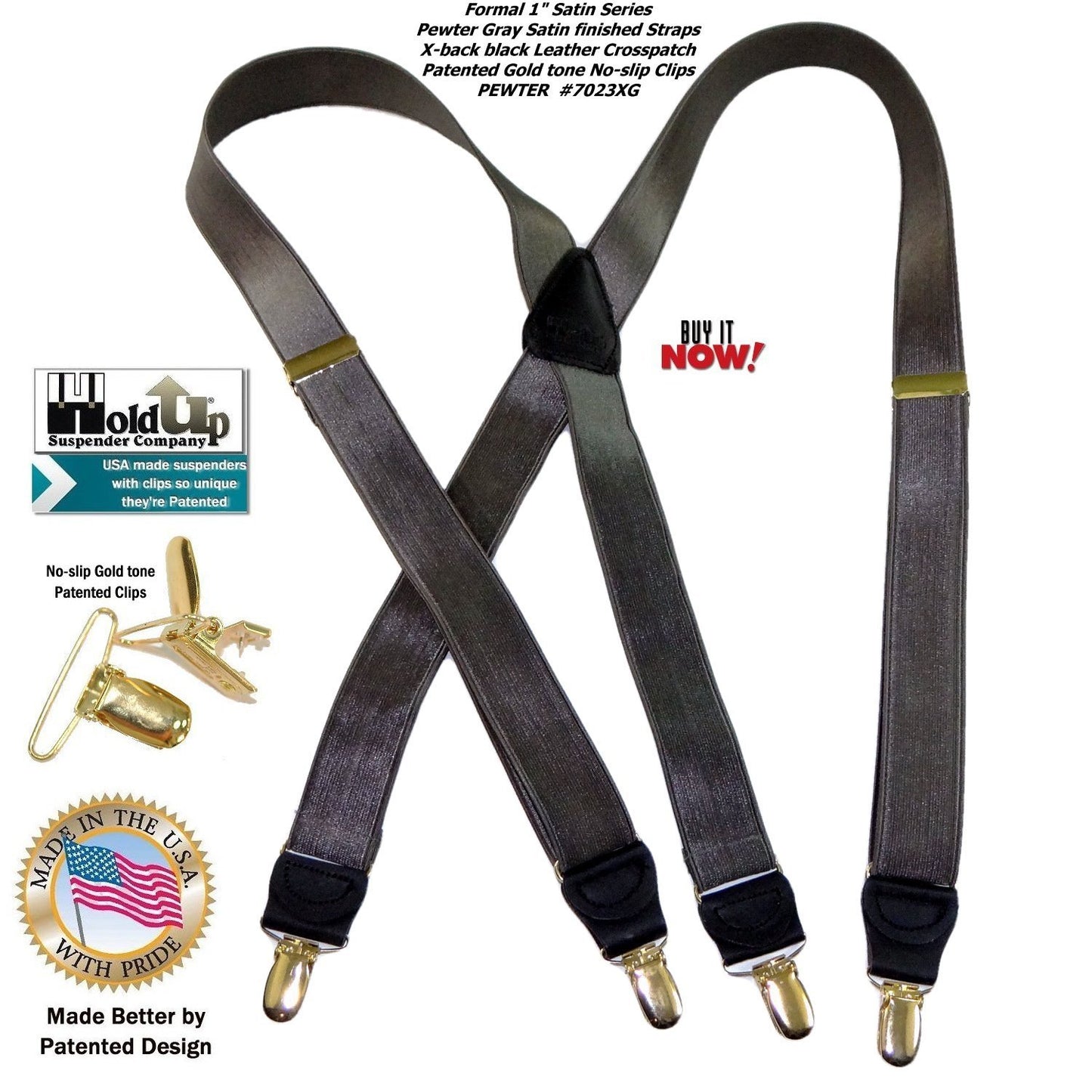 Holdup Brand Pewter Grey Satin Finished Formal Series 1" wide Suspenders X-back Gold clips