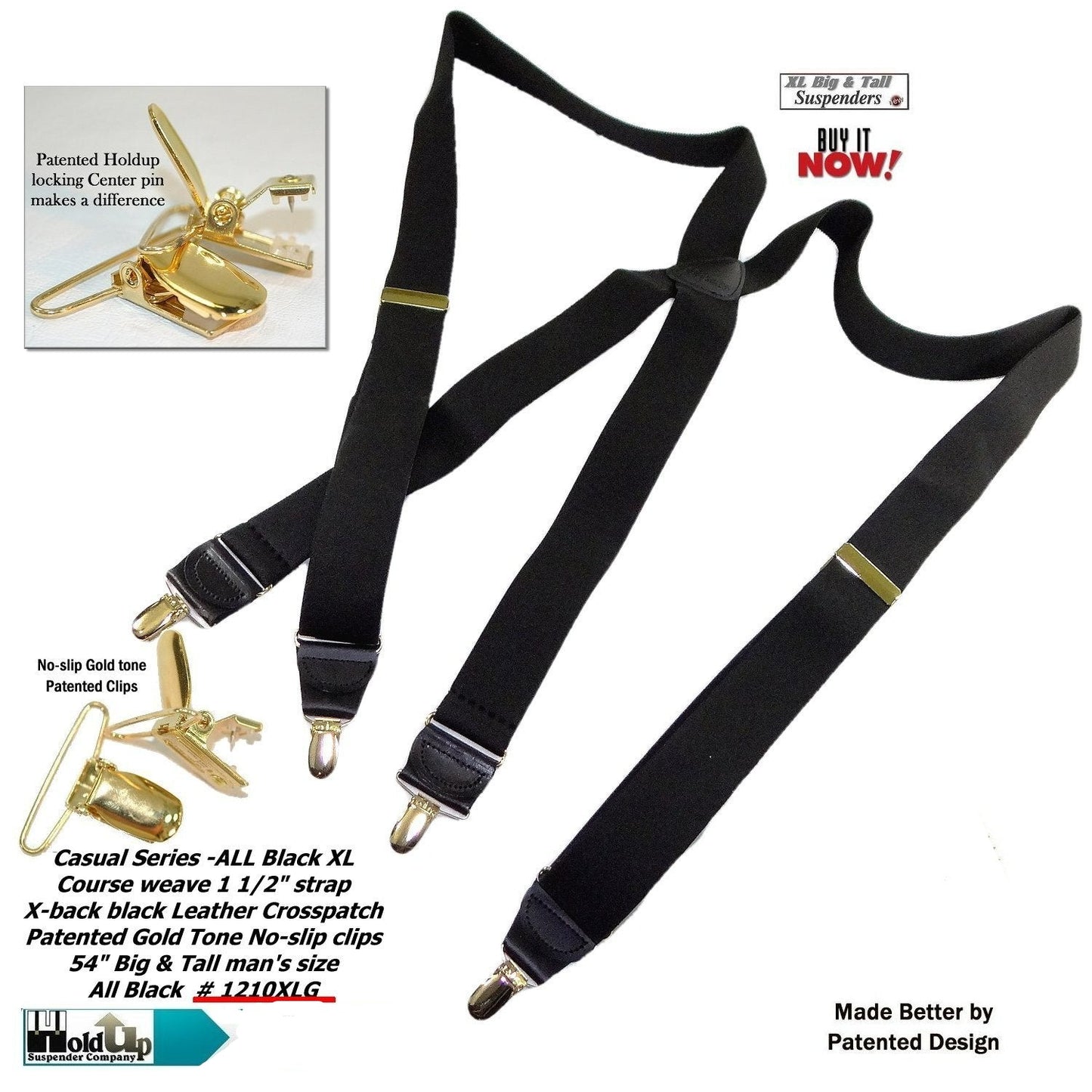 HoldUp Brand XL Big and Tall All Black X-back Suspenders with Gold tone USA patented No-slip Clips