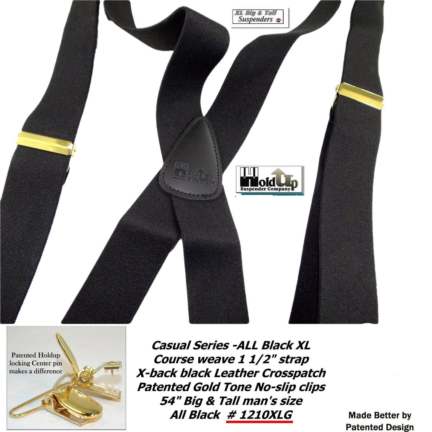 HoldUp Brand XL Big and Tall All Black X-back Suspenders with Gold tone USA patented No-slip Clips