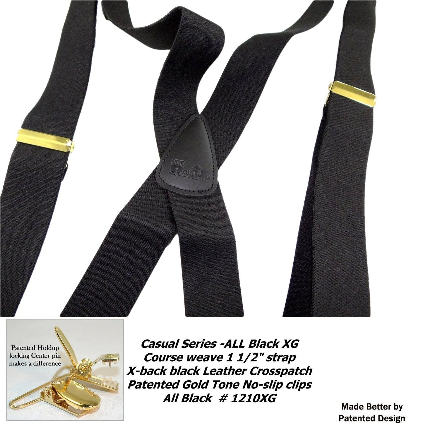 Holdup All Black Casual Series Suspenders in X-back style and USA patented Gold No-slip Clips